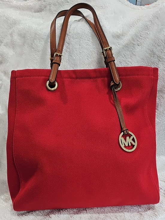 Michael Kors Handbags - Michael Kors Red Canvas Tote with Brown Leather Handles and Gold MK Charm